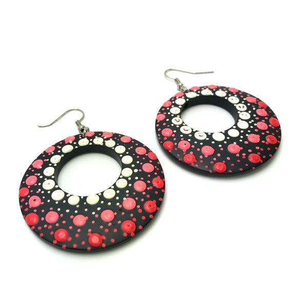 Drop Earrings - hand painted red pink white dots - hoops