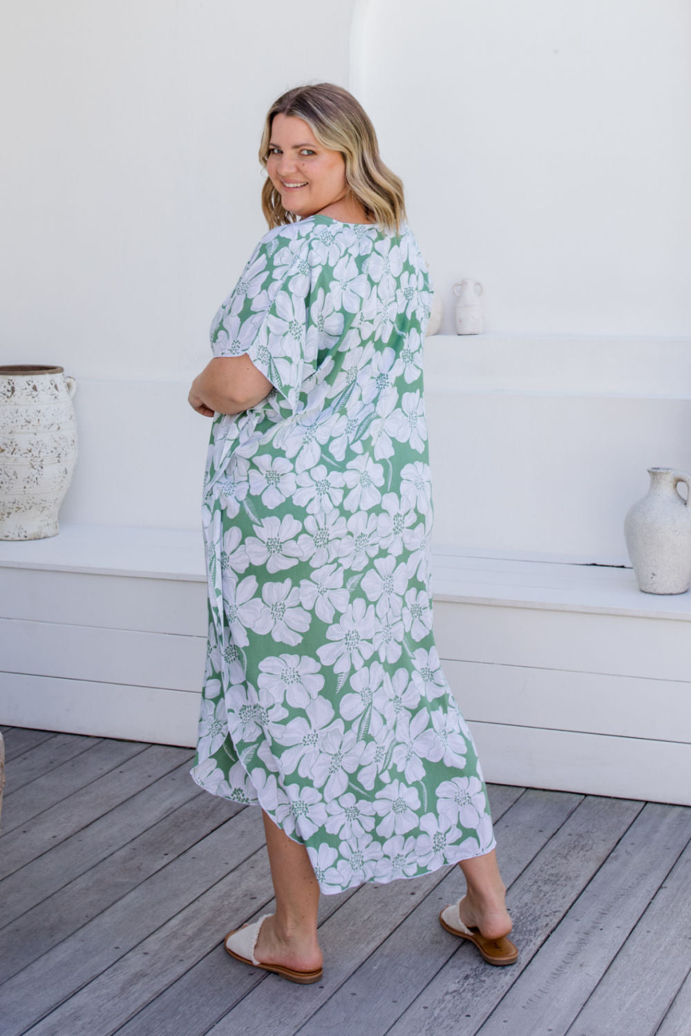 Rachel Long Kaftan - Weeping Willow Print Voile - Blue & Green