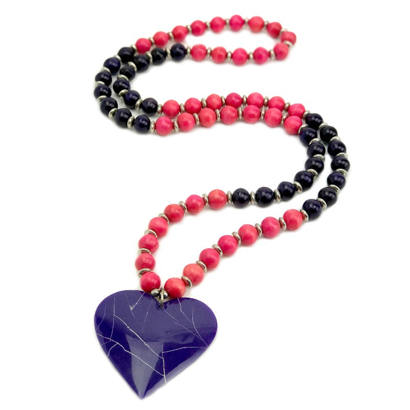 Heart pendant necklace - pink purple wooden beads