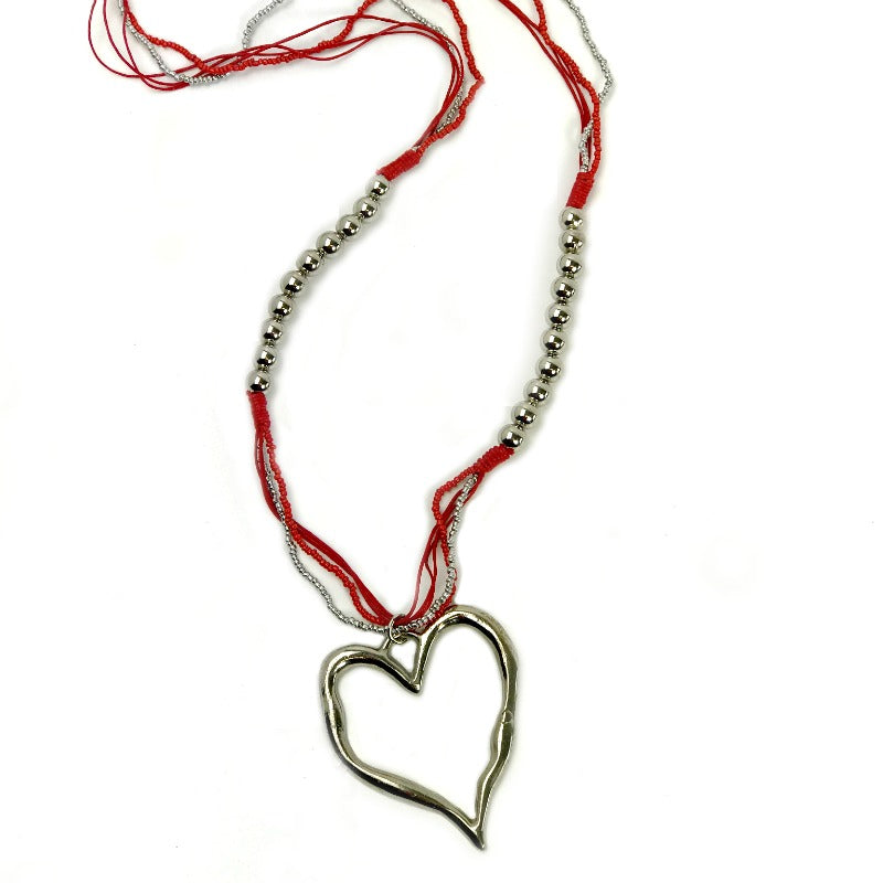 Heart pendant necklaces - silver pendant - beaded red strand
