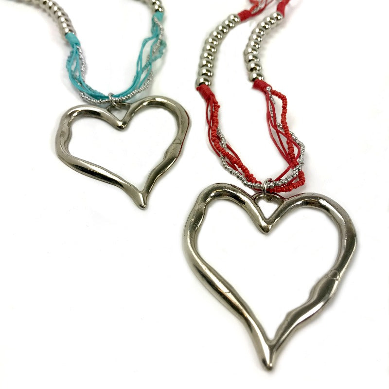 Heart pendant necklaces - silver pendant - red or blue strand