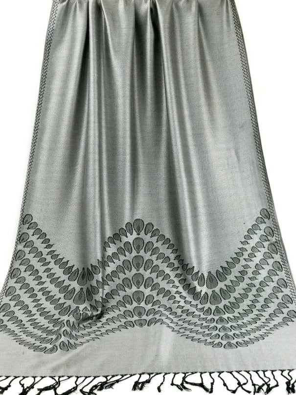 Cashmere Pashmina - silver gray and black droplet design