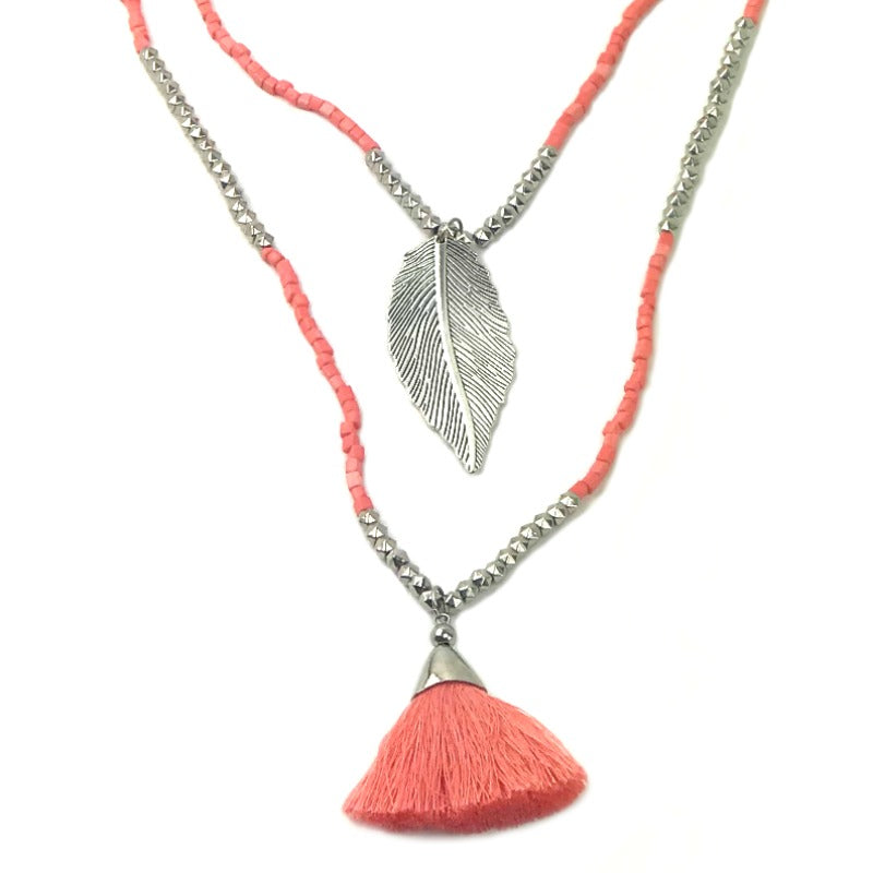 Tassel-necklace-leaf-pendant-peach-silver-beaded