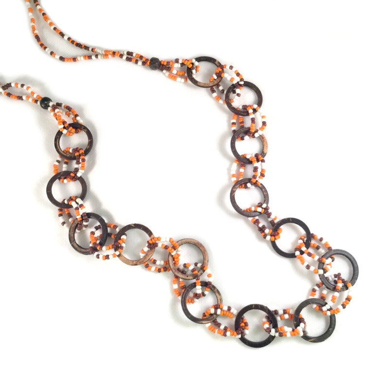 long beaded necklace - brown orange white