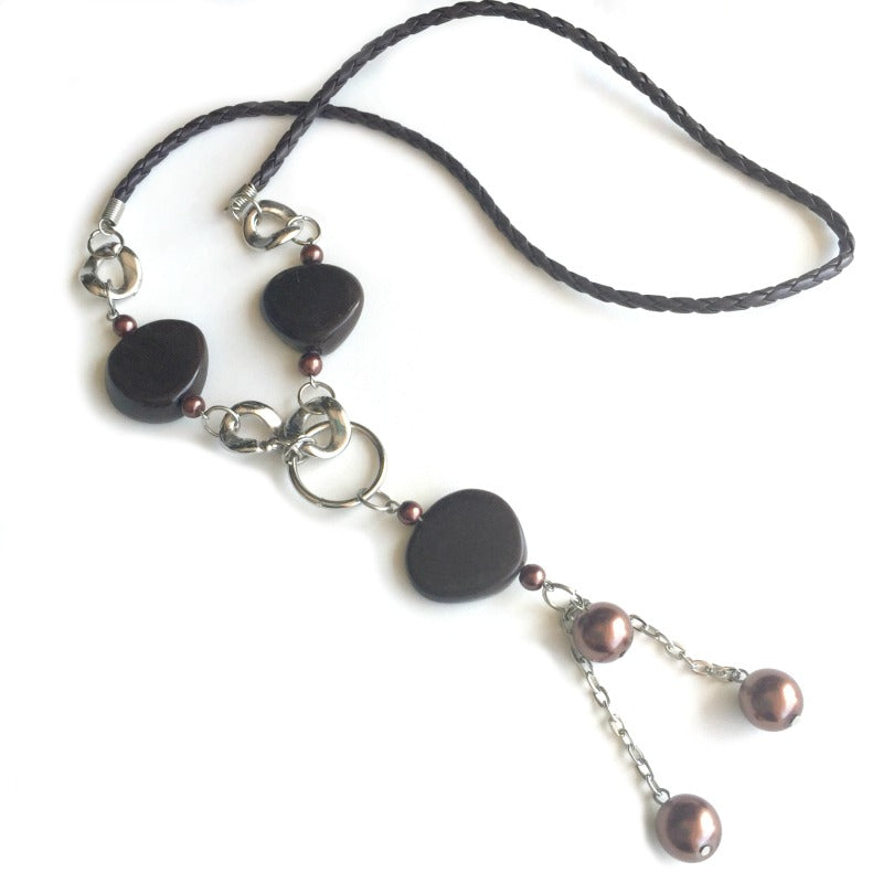 Beaded-tassel-necklace-brown-silver