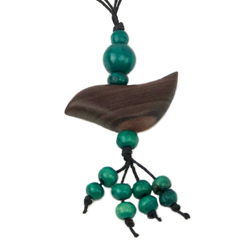 Pendant necklace - bird - emerald green beaded tassel