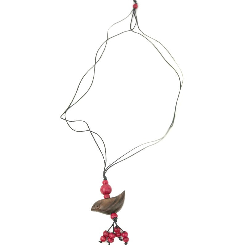 Pendant necklace - bird - red beaded tassel