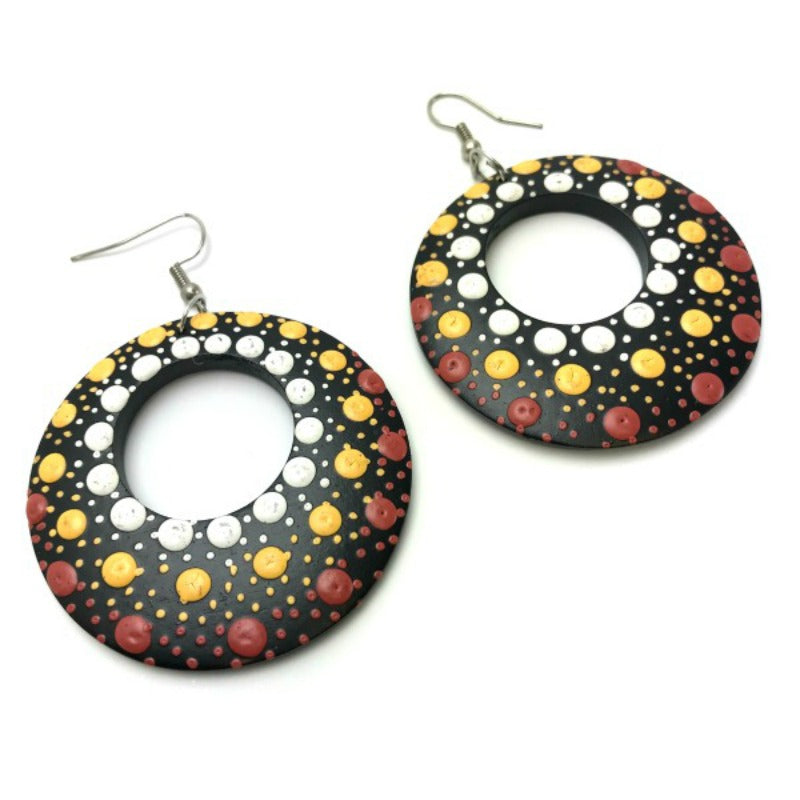 Drop Earrings - hand painted brown yellow white dots - hoops