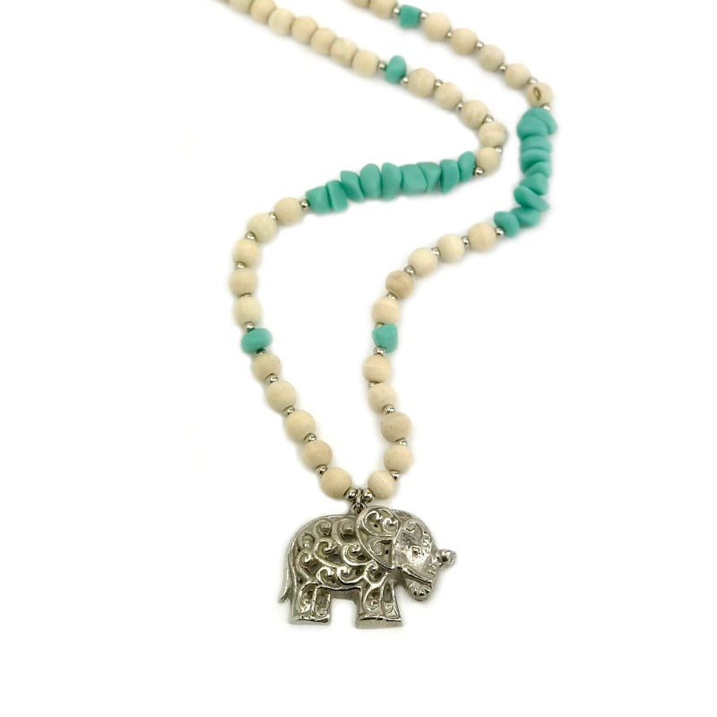 Elephant pendant necklace - green stone and wood beads