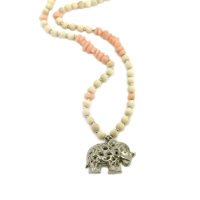 Elephant pendant necklace - peach stone and wood beads
