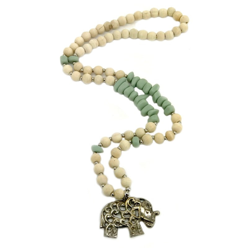 Elephant pendant necklace - sage green stone and wood beads