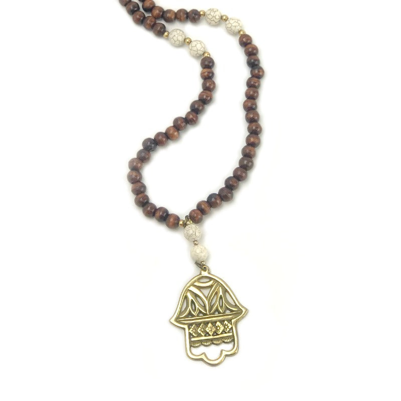 pendant necklace - Fatima Hand - brown cream gold beads