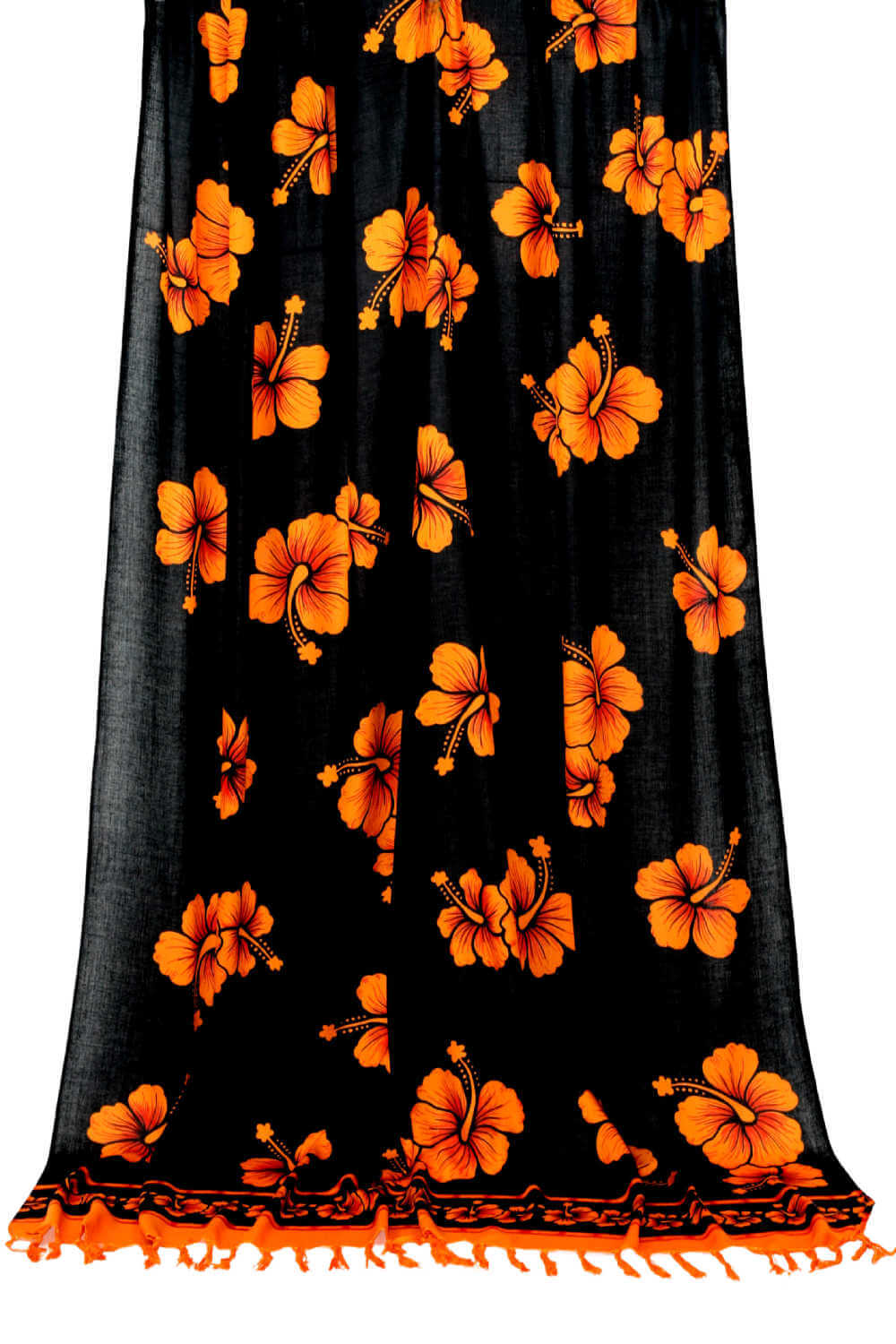 Hawaiian-beach-sarong-black-orange-hibiscus-flowers