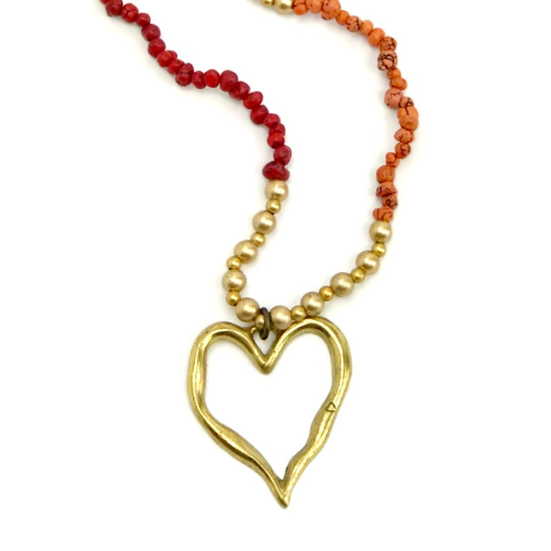 heart pendant necklace - red orange turquoise gold beaded