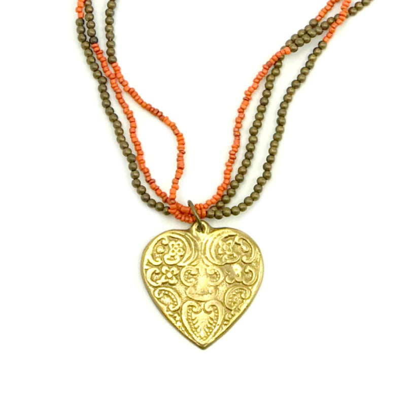 heart pendant necklace - orange and brown beaded