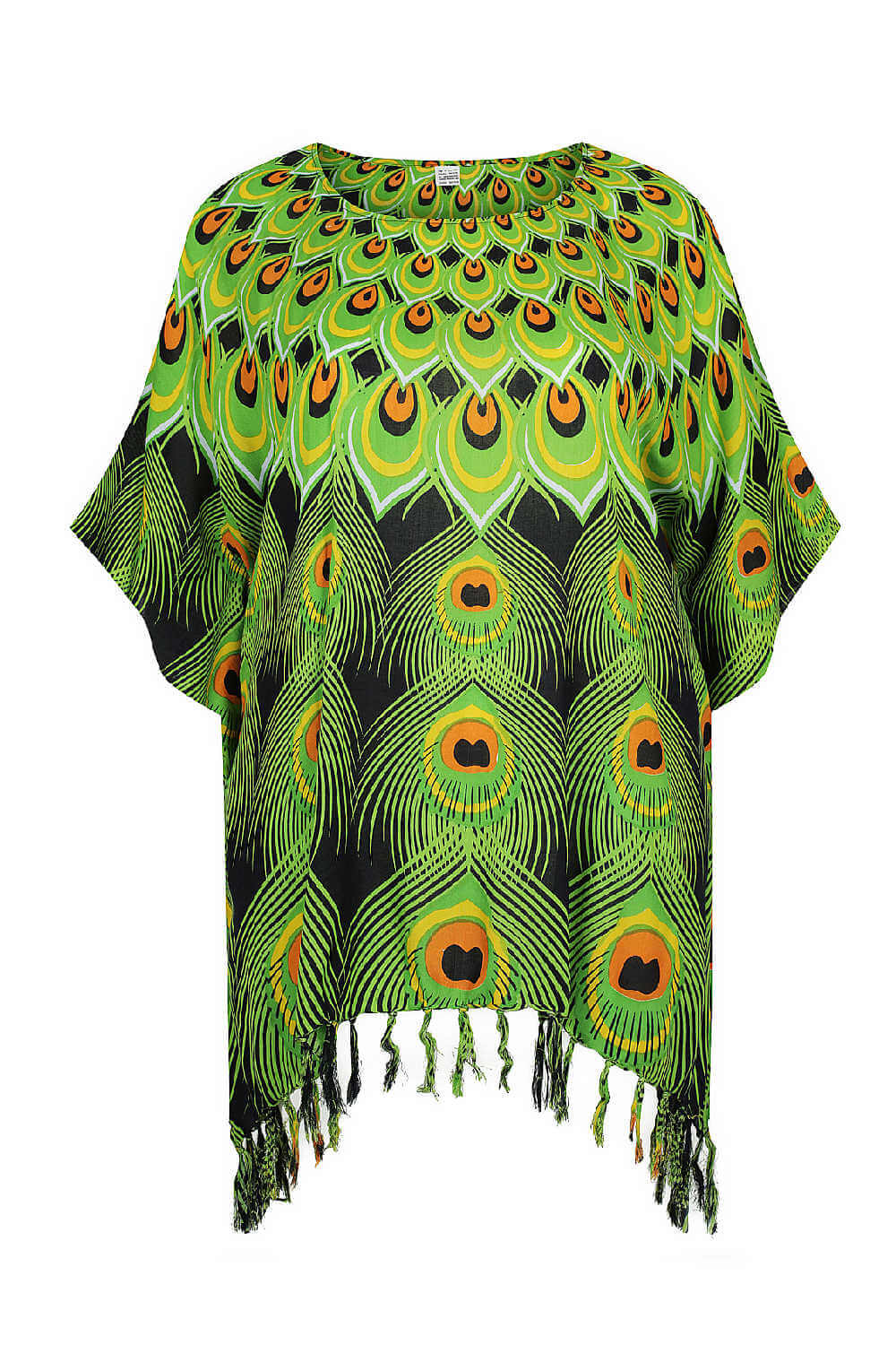 kaftan-top-plus-size-black-lime-green-orange-peacock-feather-design