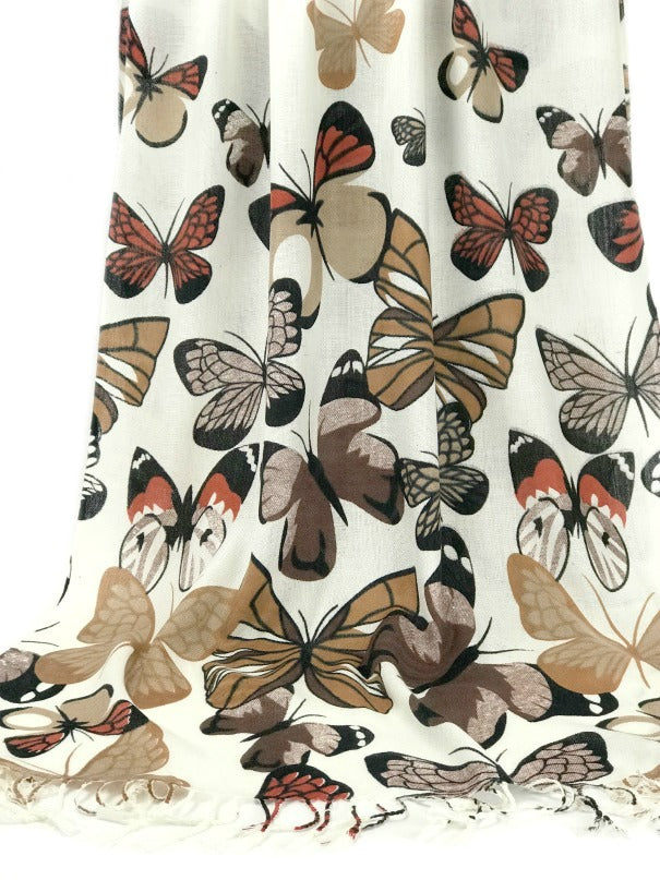 Shawl Wrap - butterfly design - brown tan black on white