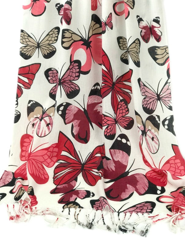 Shawl Wrap - butterfly design - red black on white