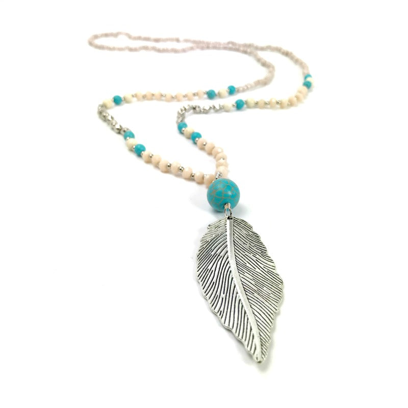 ladies-long-pendant-necklace-silver-leaf-beaded-black-turquoise