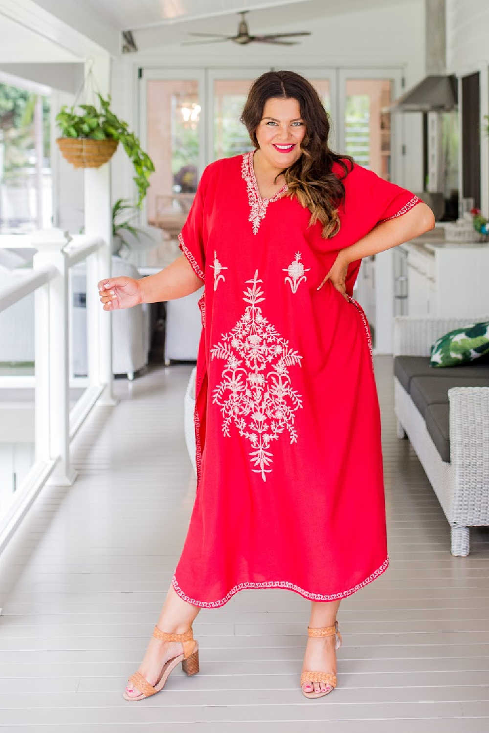Long Kaftan Dress - Red with White -