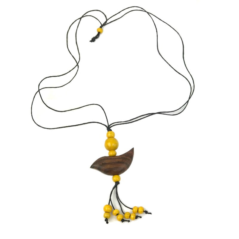 Pendant necklace - bird - natural cream beaded tassel
