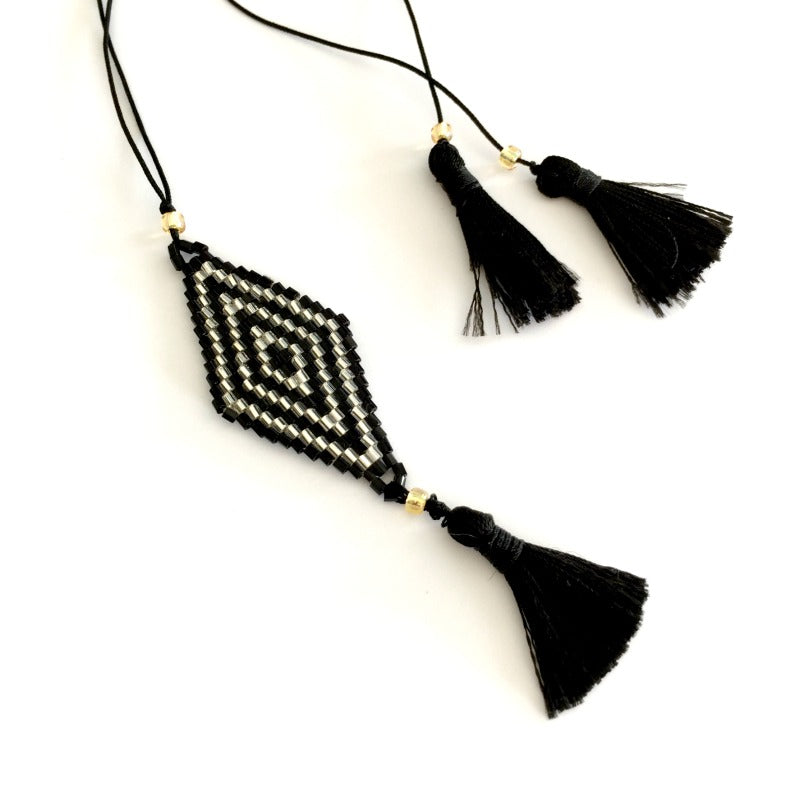 Seed-bead-pendant-necklace-black-silver-beads-tassel