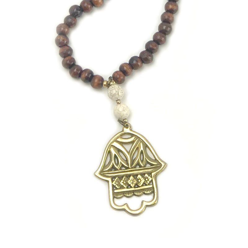 ladies pendant necklace - Fatima Hand - brown cream gold beads