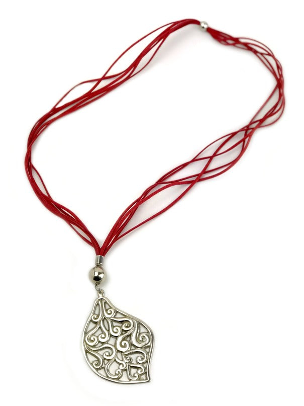 Ladies Pendant necklace - silver leaf - red suede strand