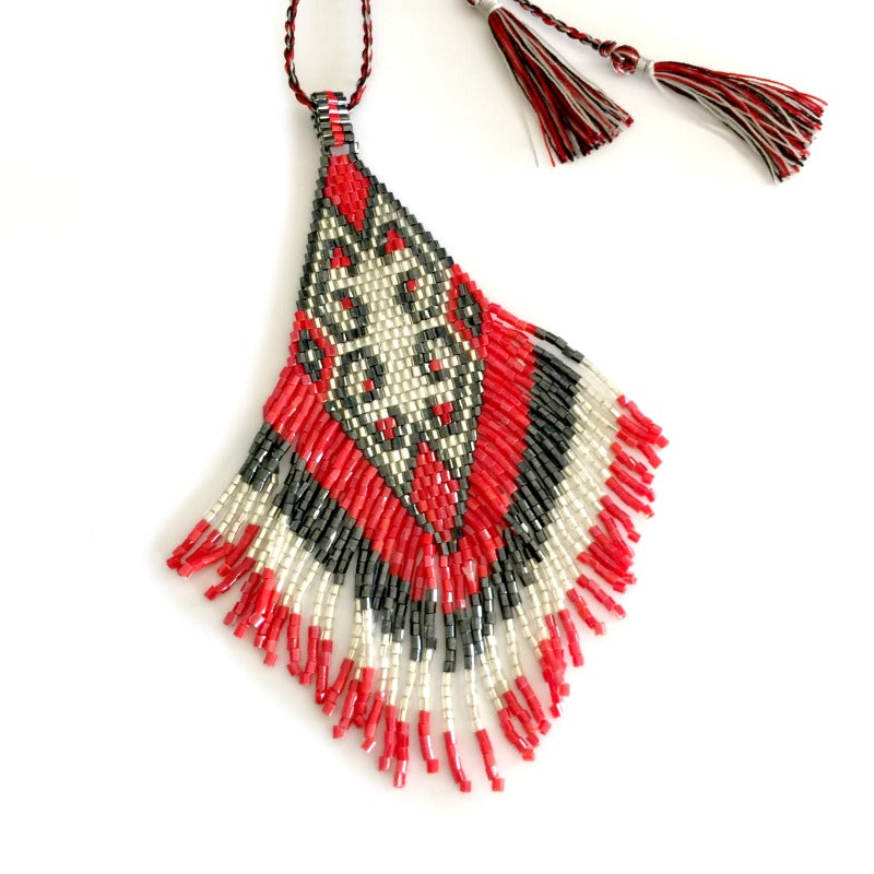 Seed-bead-pendant-necklace-red-grey-white-tassels