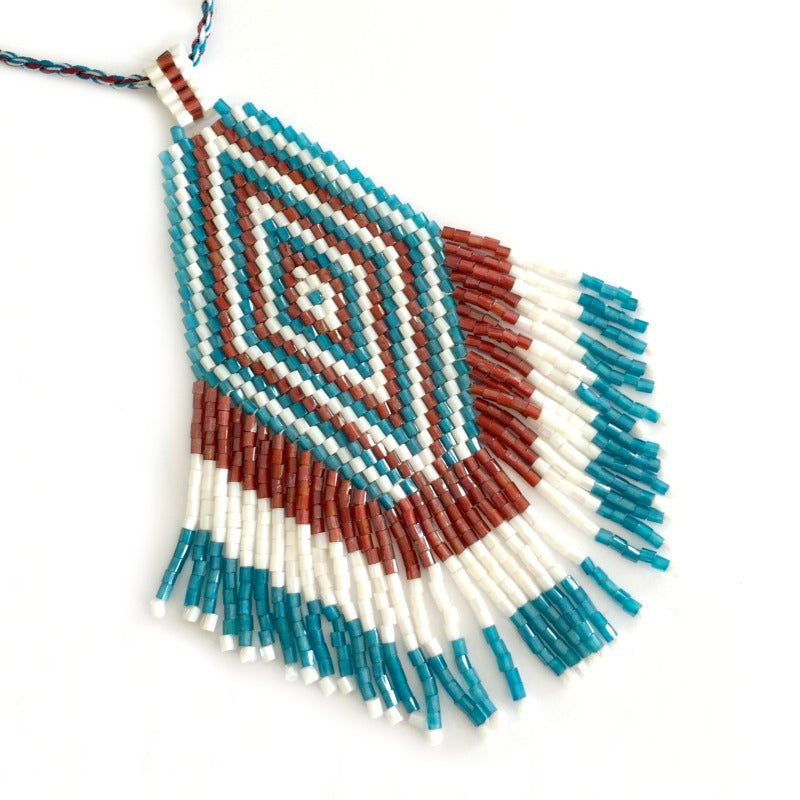 seed bead pendant necklace - white brown blue - tassel