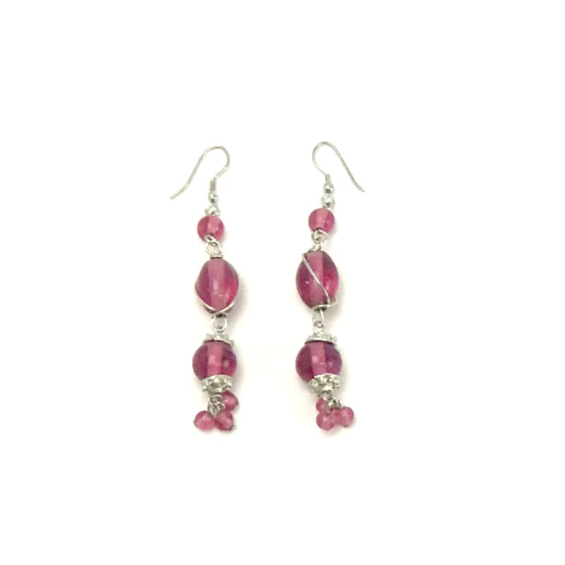 Drop earrings - silver twist- pink beads