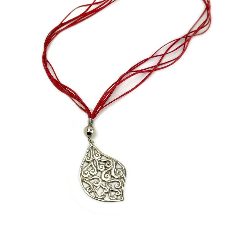 Ladies Pendant necklace - silver leaf - red suede strand