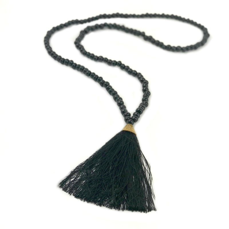 Tassel necklace - wooden beads - black