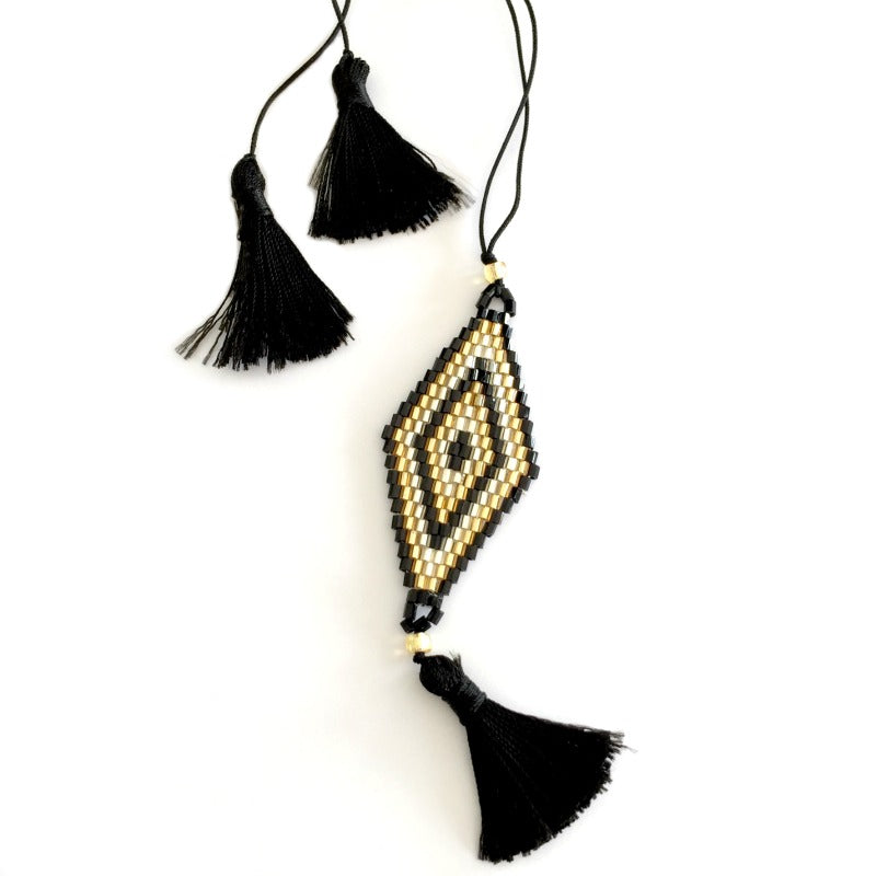 Seed-bead-pendant-necklace-black-gold-beads-tassel