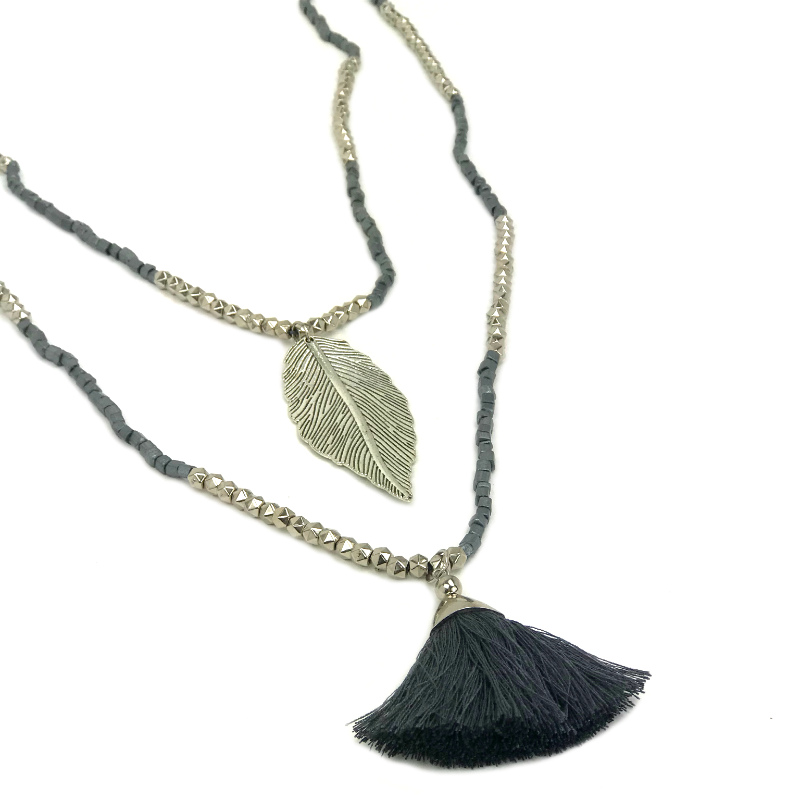Tassel-necklace-leaf-pendant-grey-silver-beaded