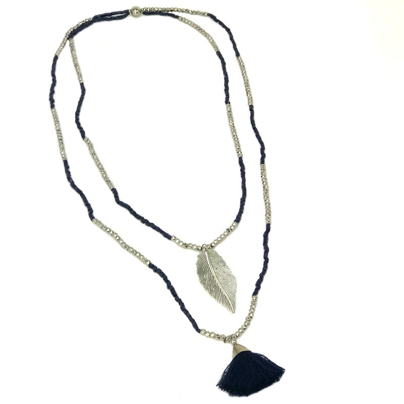 Tassel-necklace-leaf-pendant-dark-blue-silver-beaded