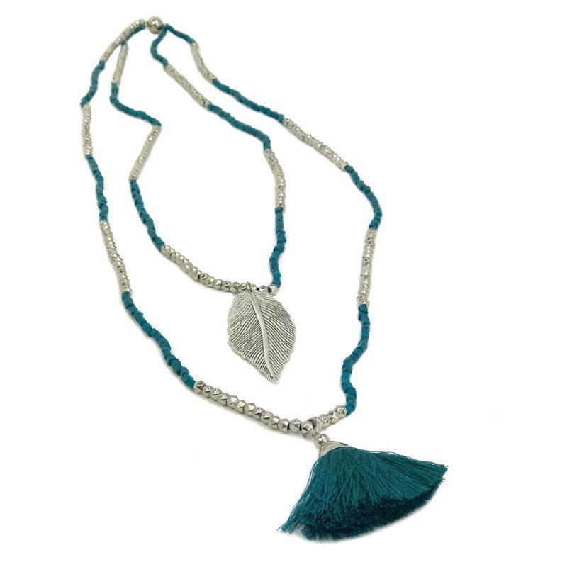 Tassel-necklace-leaf-pendant-teal-silver-beaded