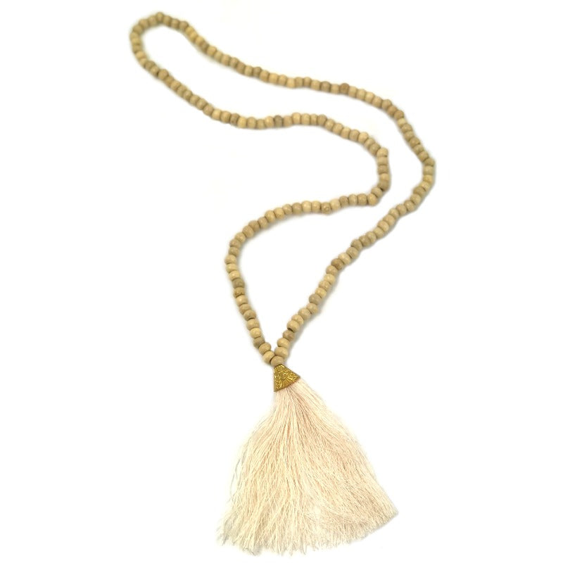 Tassel necklace - wooden beads - natural cream