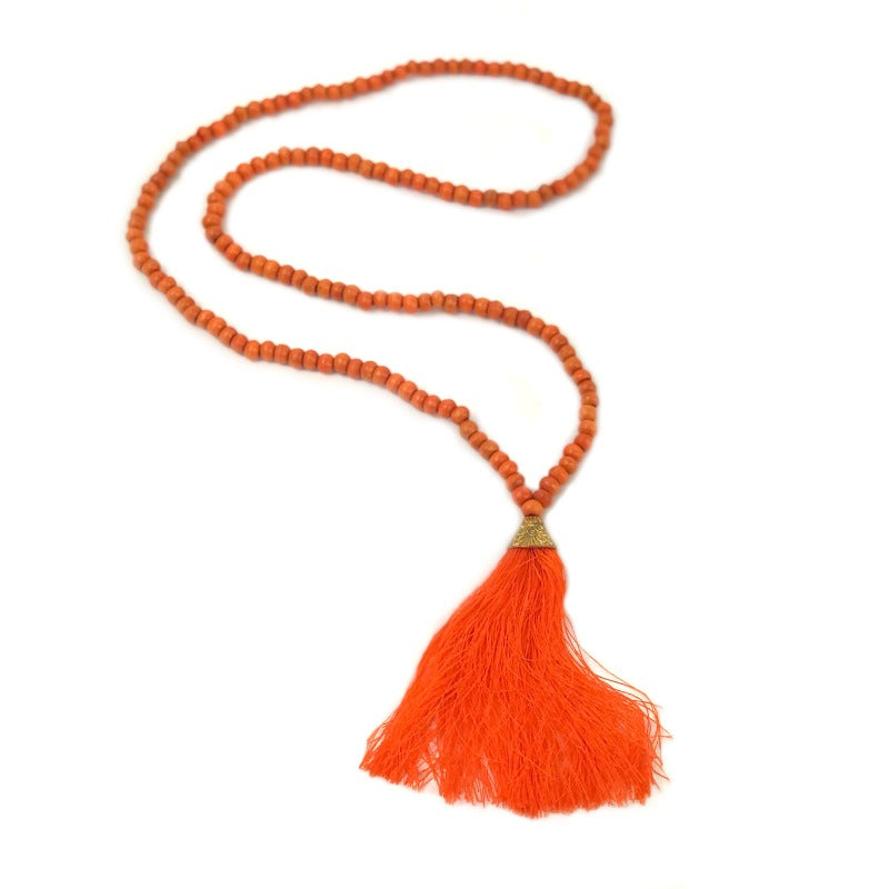Tassel necklace - wooden beads - orange