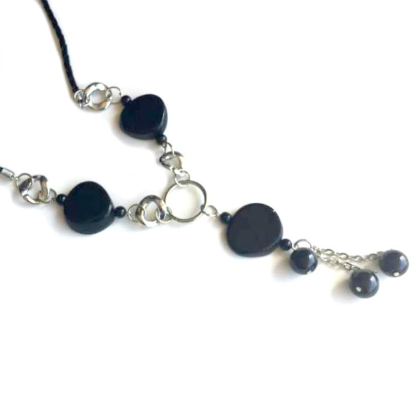 Beaded-tassel-necklace-black-silver
