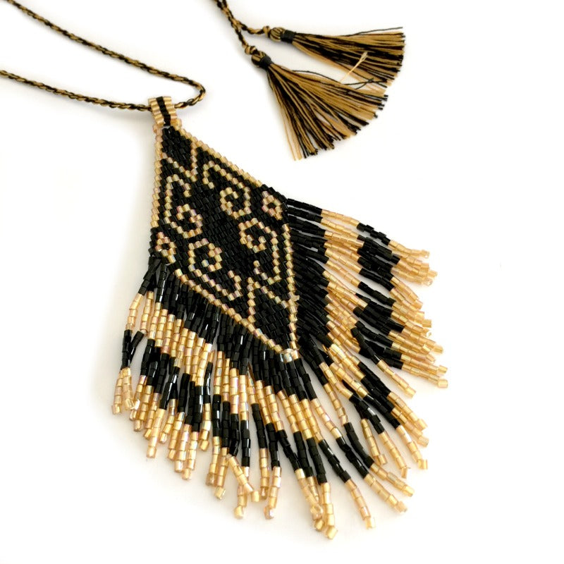Seed-bead-pendant-necklace-black-gold-tassels