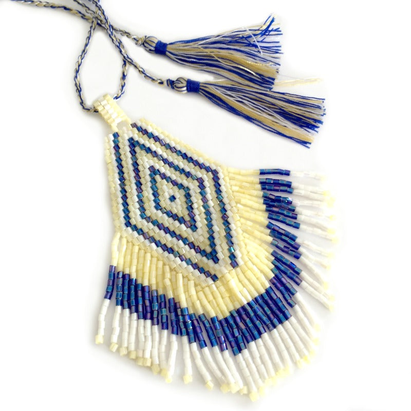 seed bead pendant necklace - blue white cream - tassel