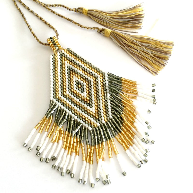 seed bead pendant necklace - gold silver white - tassel